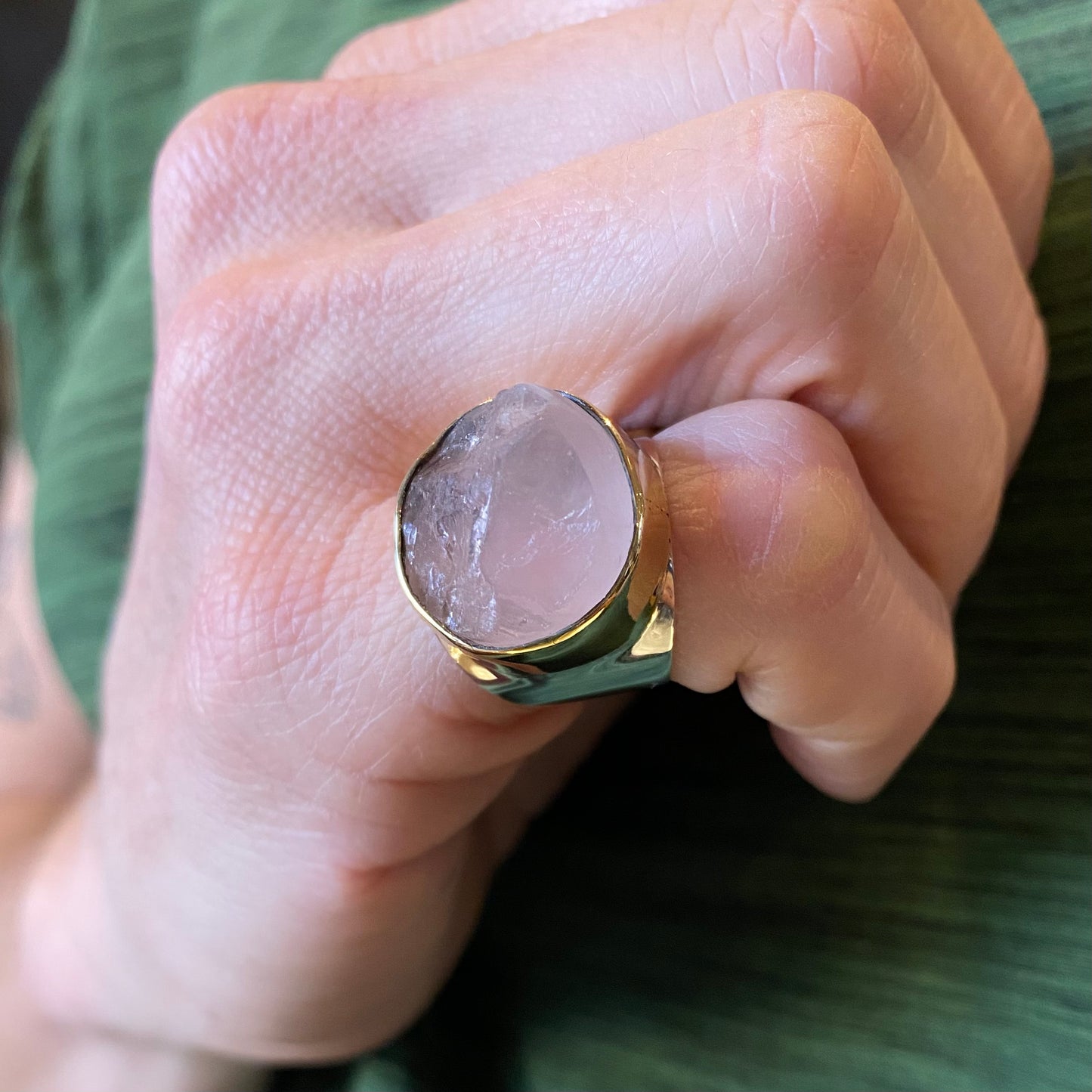 Raw Rose Quartz Sterling & Brass Wide Band Rings