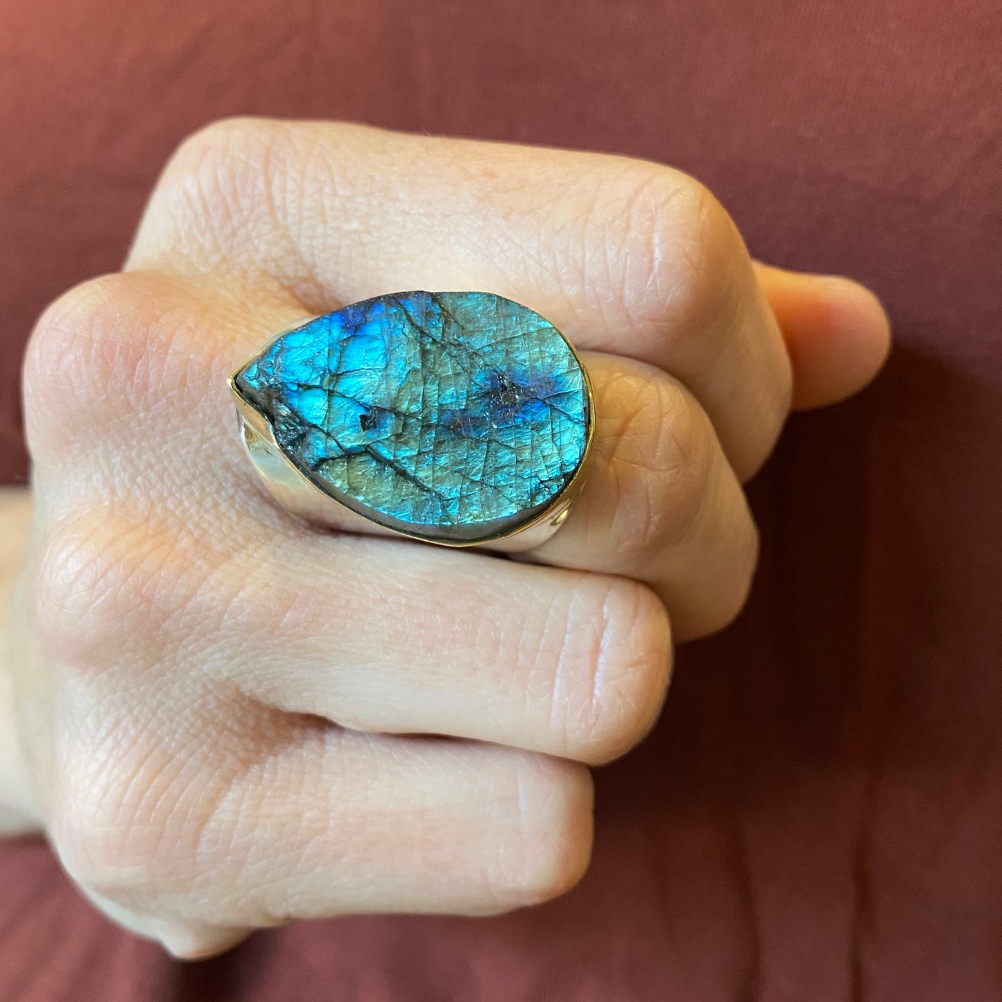 Raw Labradorite Sterling & Brass Wide Band Rings