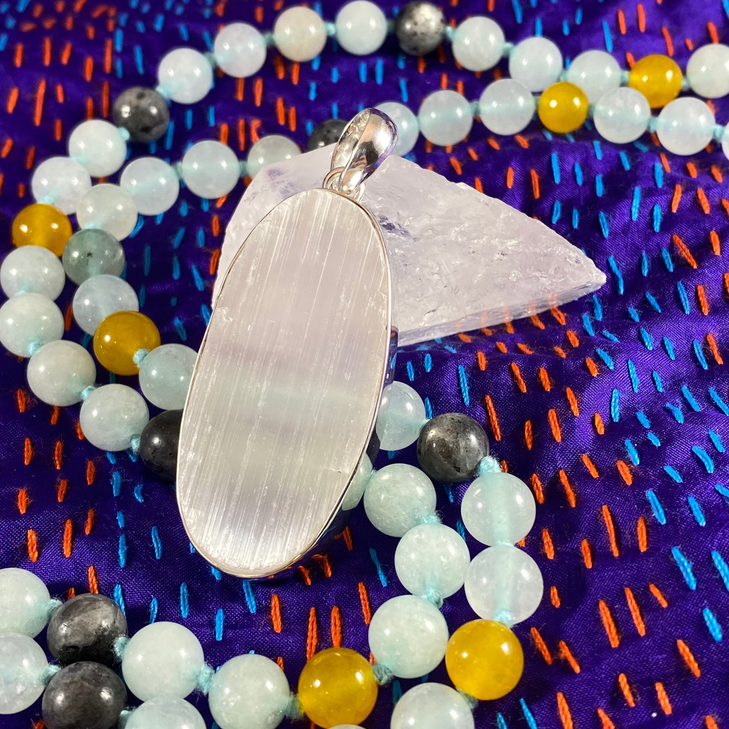 Raw Selenite & Sterling Pendant