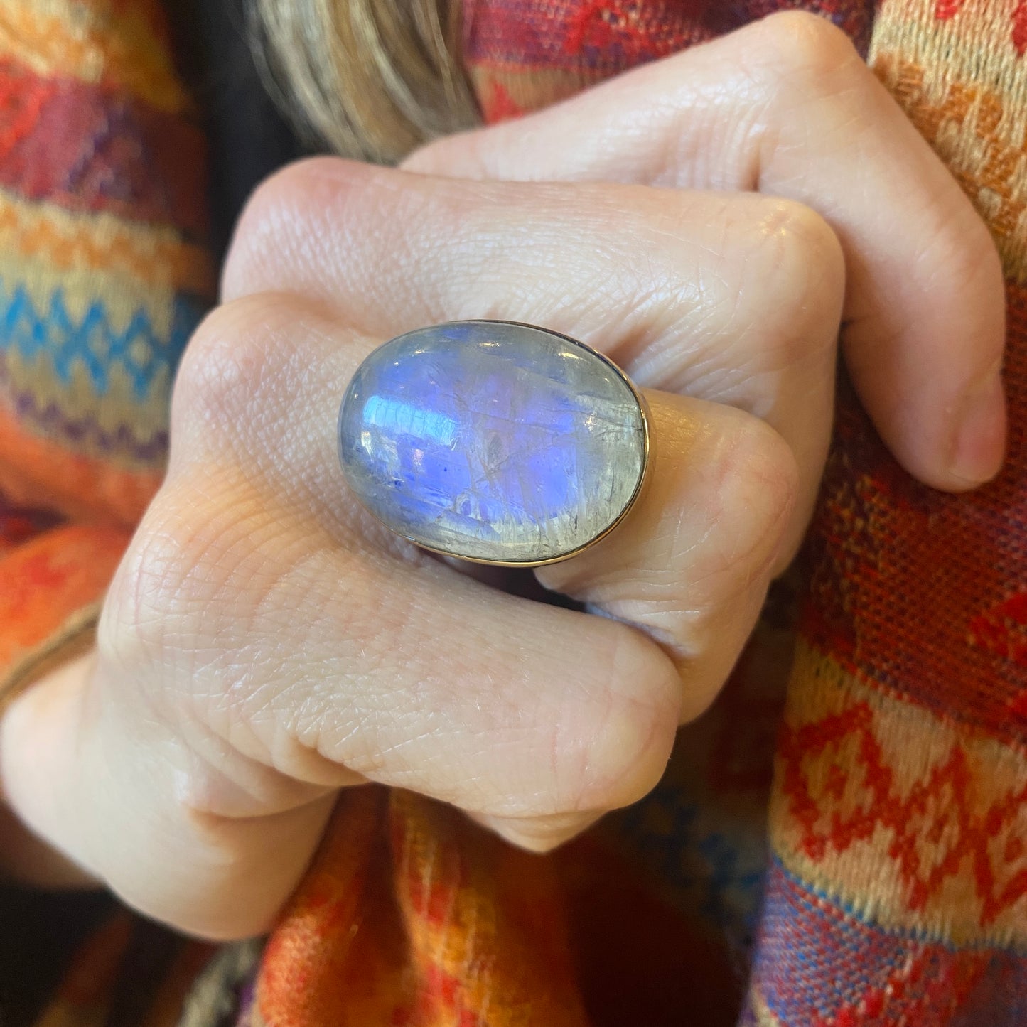 Rainbow Moonstone Sterling & Brass Ring