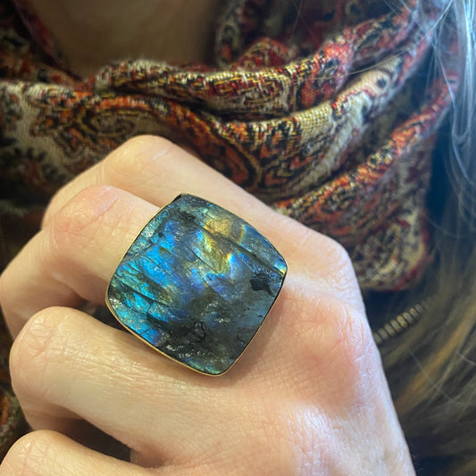 Raw Labradorite Sterling & Brass Ring