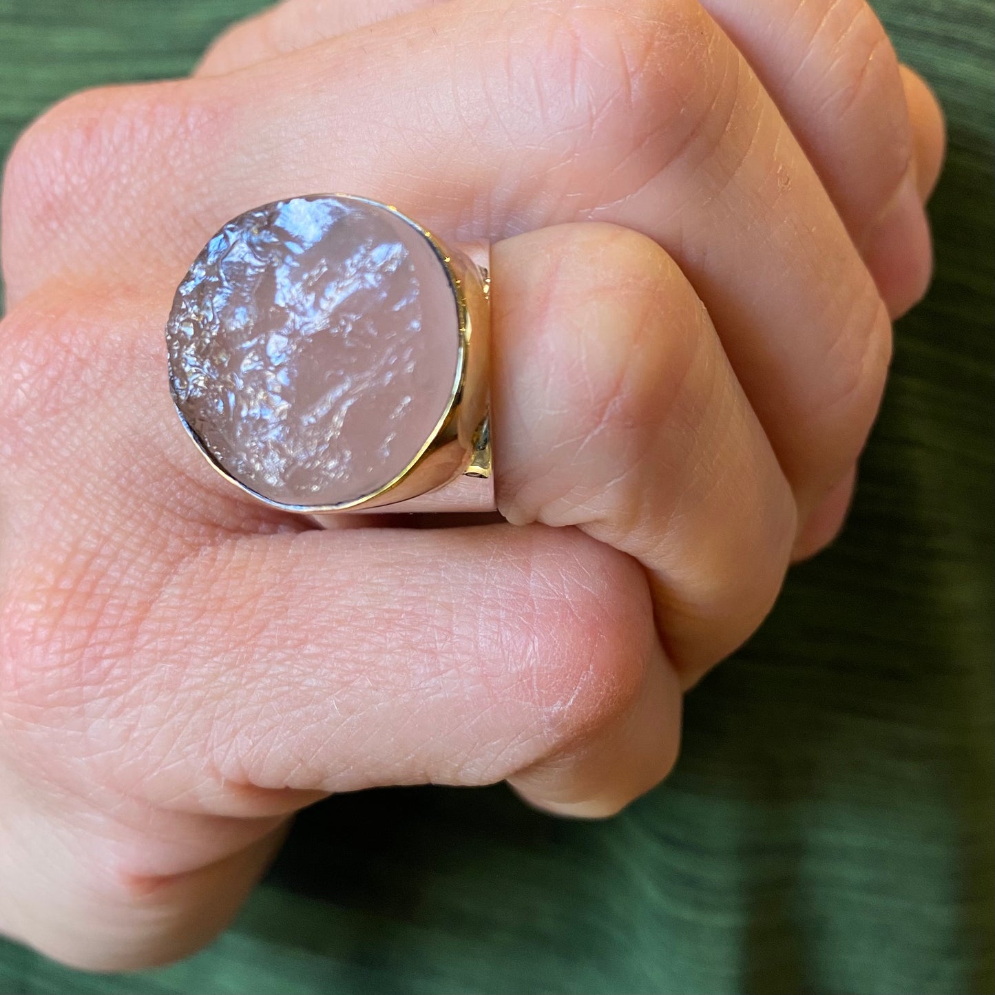 Raw Rose Quartz Sterling & Brass Wide Band Rings